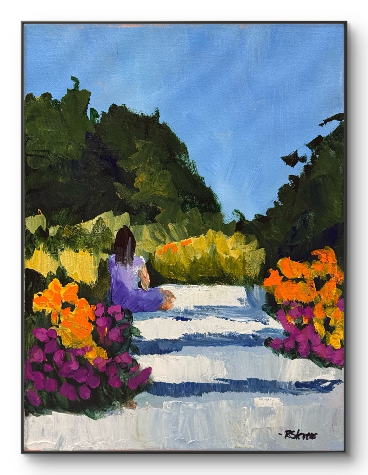 Original Garden 11×14 Impressionist Acrylic Painting Wall Decor R Stevens Canvas