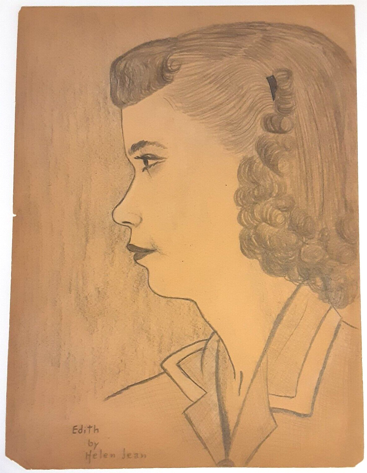 Vintage 1940s Original Portrait Sketch Drawing Signed Helen Jean Hughes