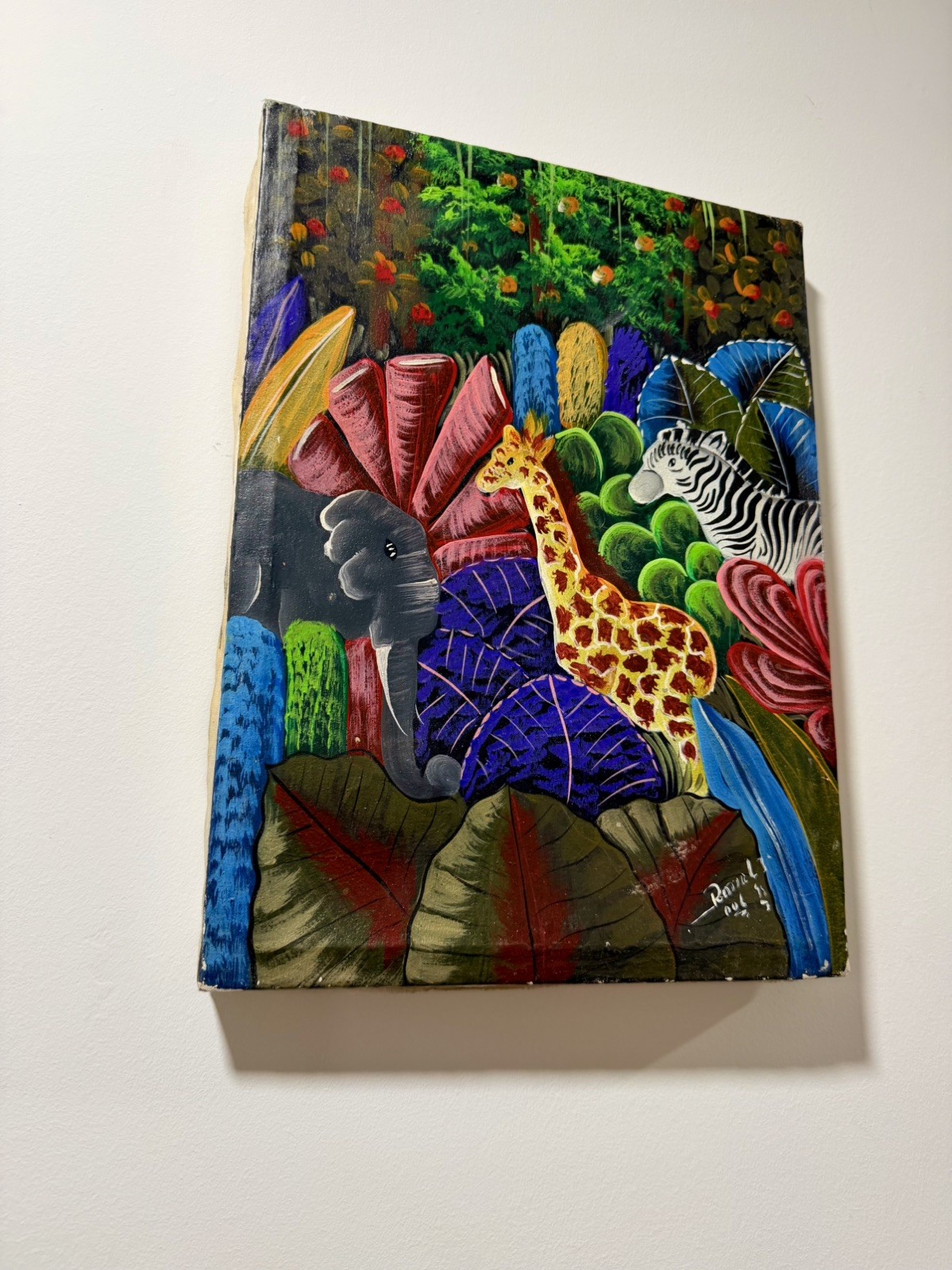 Vintage Haitian Jungle Painting Signed Ronel Jean Colorful Folk Art Safari