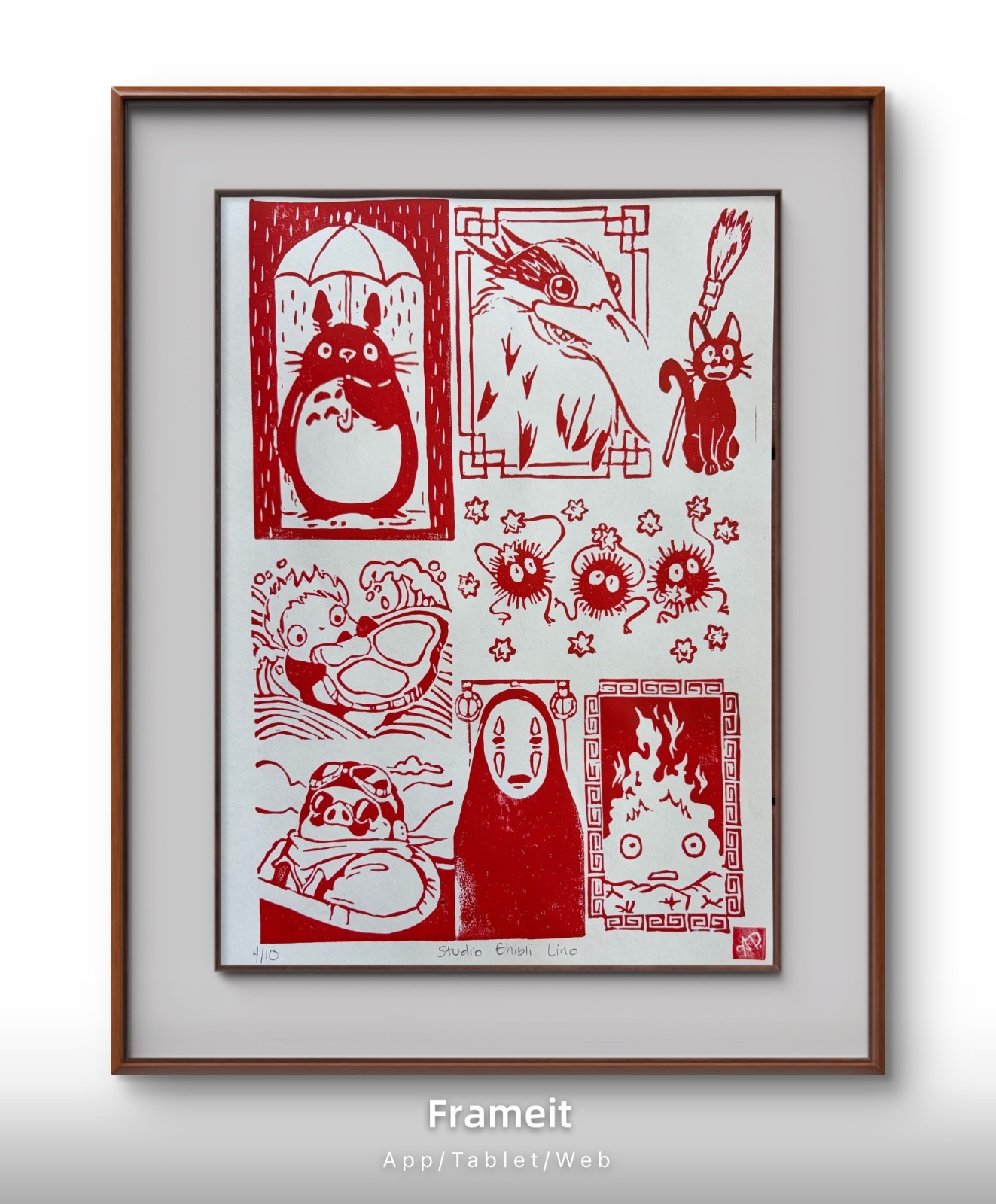 Original Studio Ghibli Linocut 5/10 Print By Alannah Dyer- 9×12 in. Red Printing