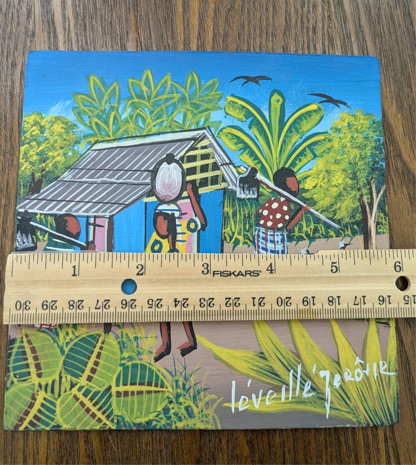 VTG original hand painted folk art from Haiti, 6×6 inch, oil on board signed