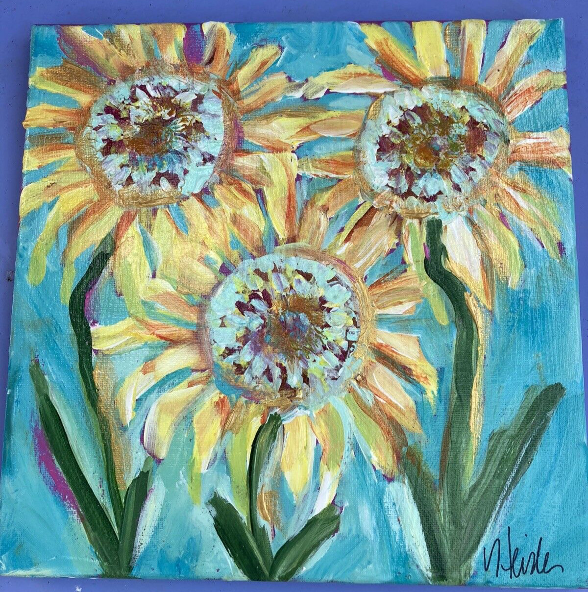 «Summer Sunflowers «on Mint Green Original Acrylic Painting 10”x10”Canvas