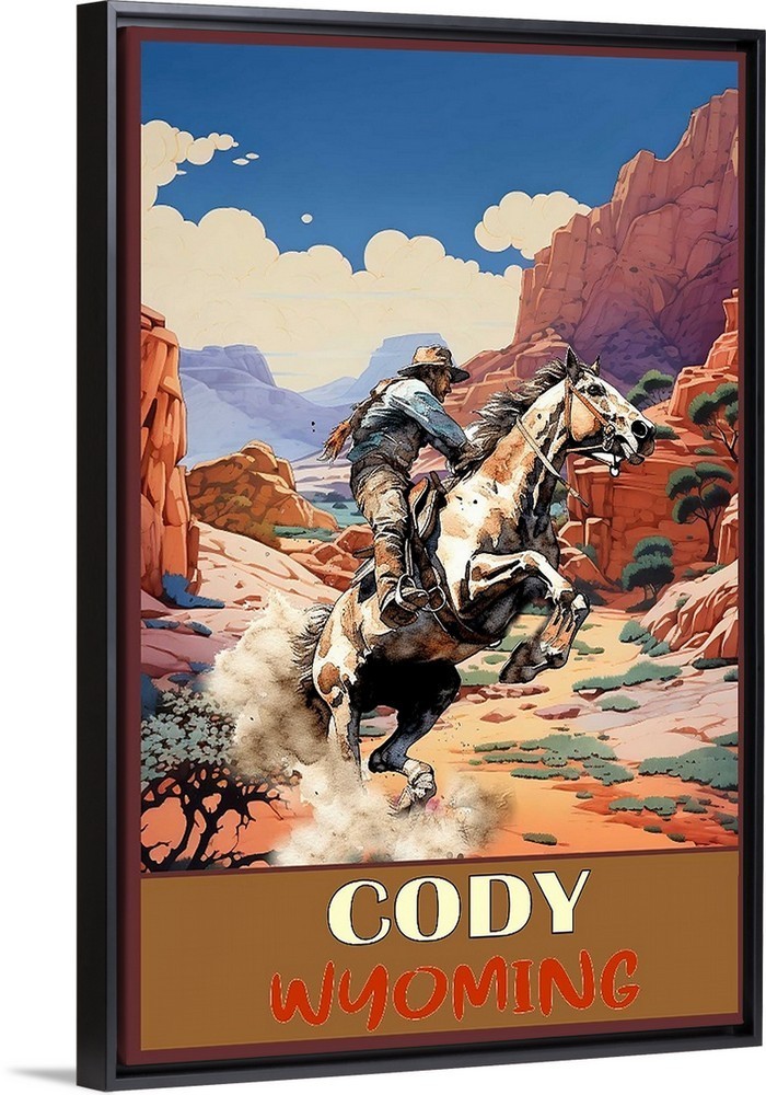 Cody Wyoming Bucking Horse Travel Art Print, Framed or Canvas Wild Mustang
