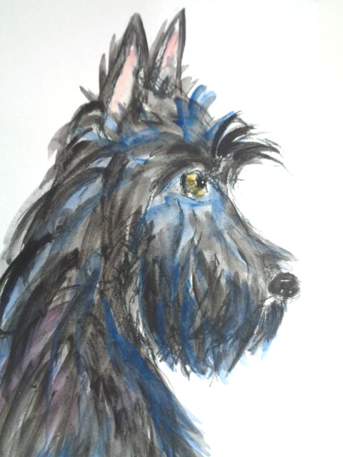 Original BLACK SCOTTIE SCOTTISH TERRIER DOG Watercolor Painting ART