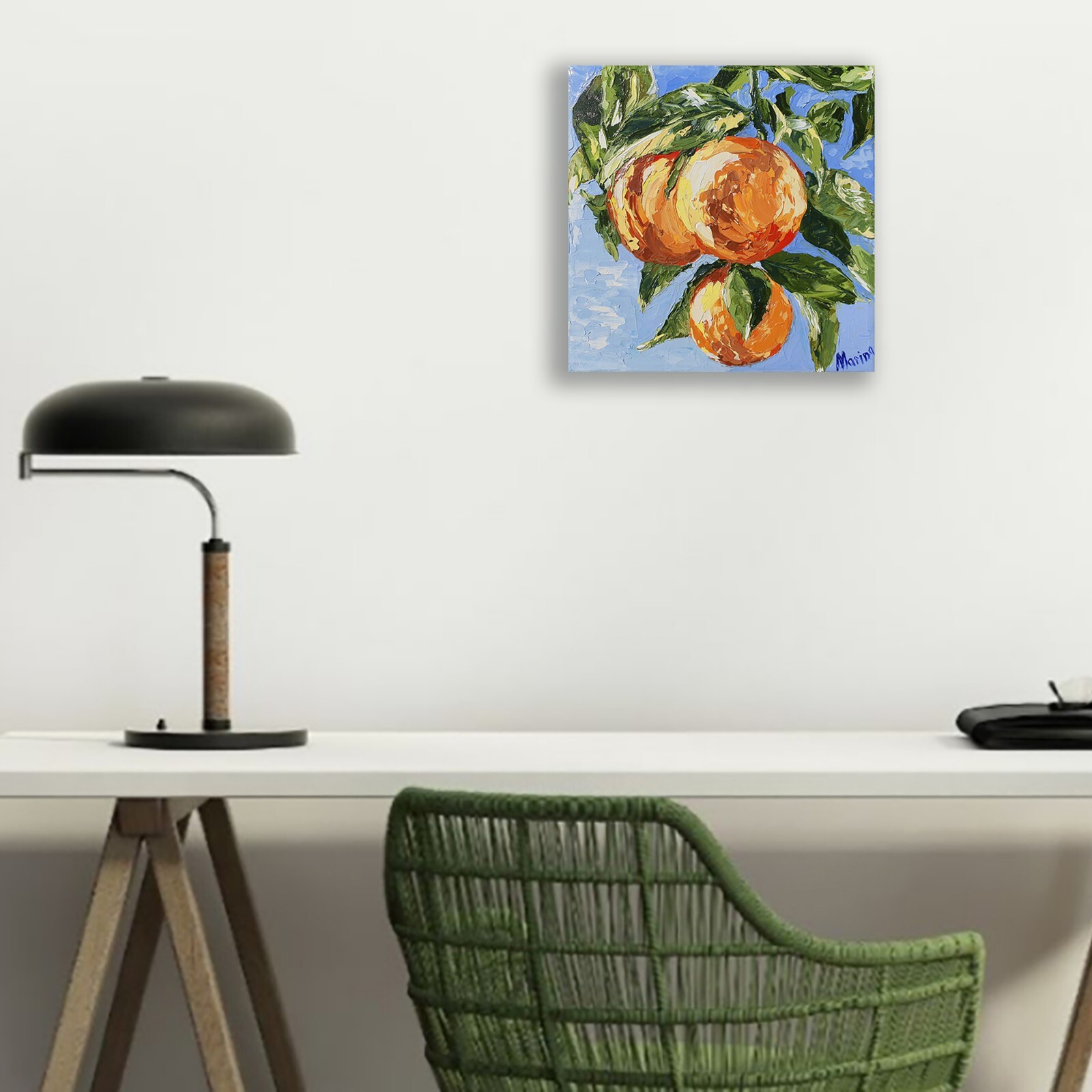 Orange Painting Tree Branch Original Art Citrus Fruit Still Life Small Vegetable
