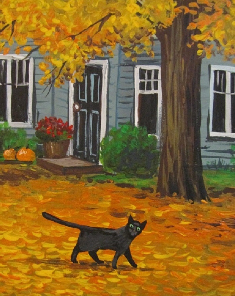 8X10 PRINT OF PAINTING RYTA WITCH BLACK CAT AUTUMN LANDSCAPE HALLOWEEN Folk Art