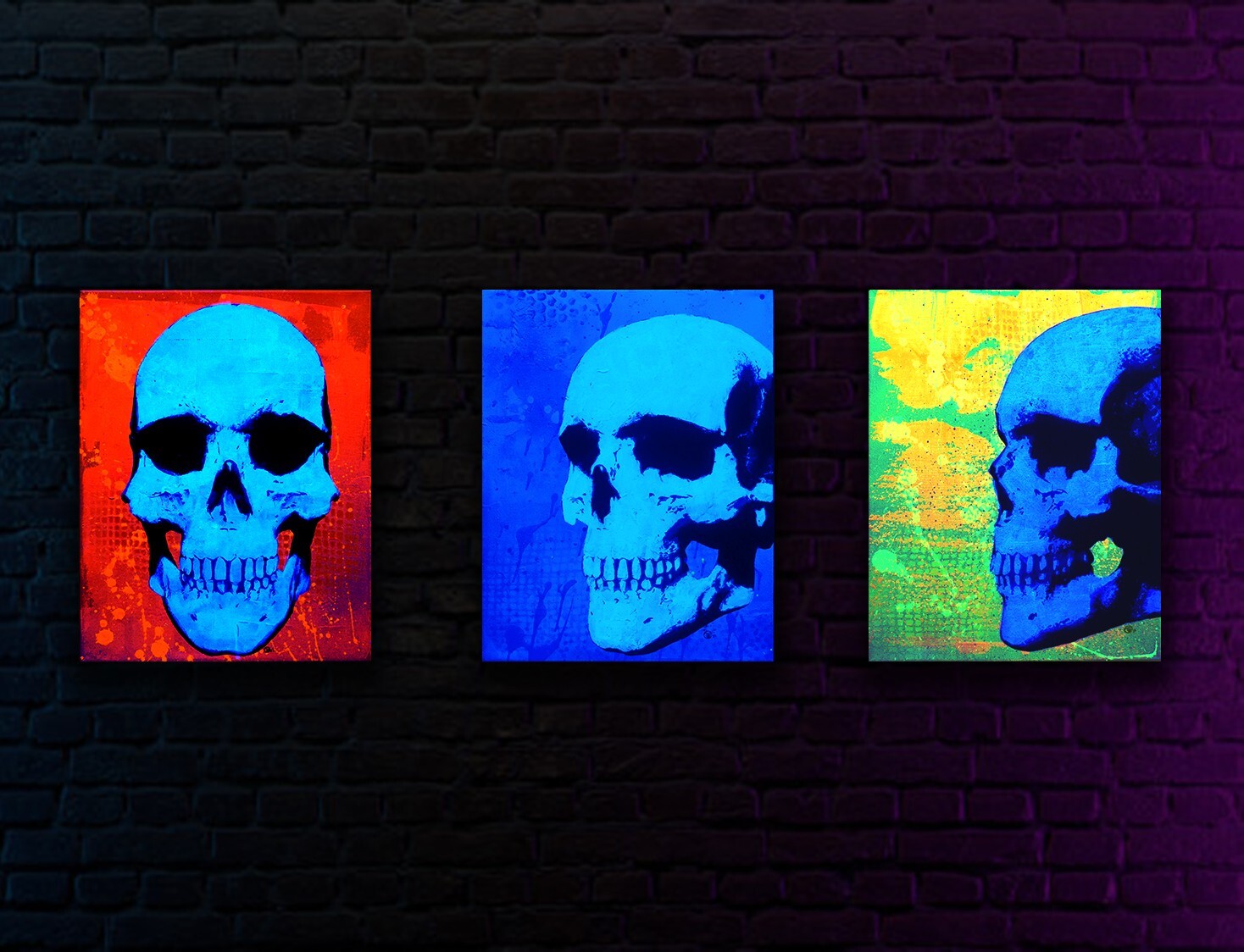 Original Skull Painting – POP ART – With UV Blacklight Bulb – 11×14 (set of 3)