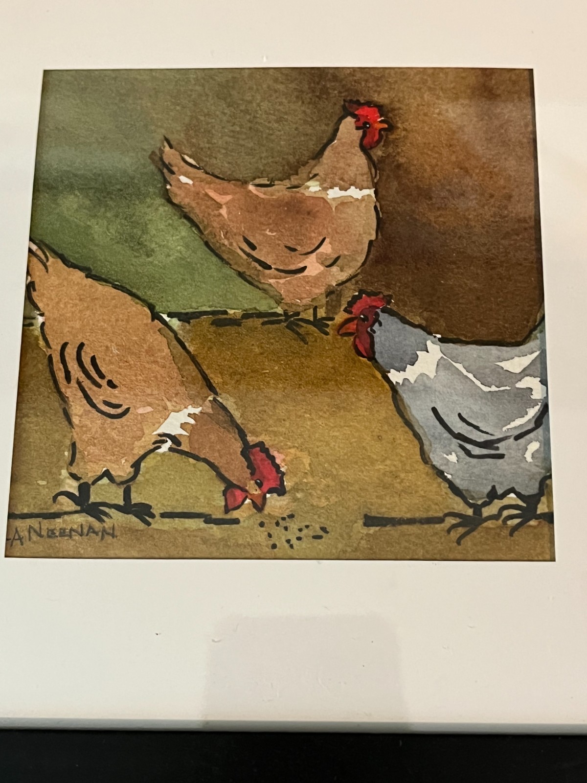 Three Chickens / Hens Original Watercolor Mini Painting Matted, Framed & Signed