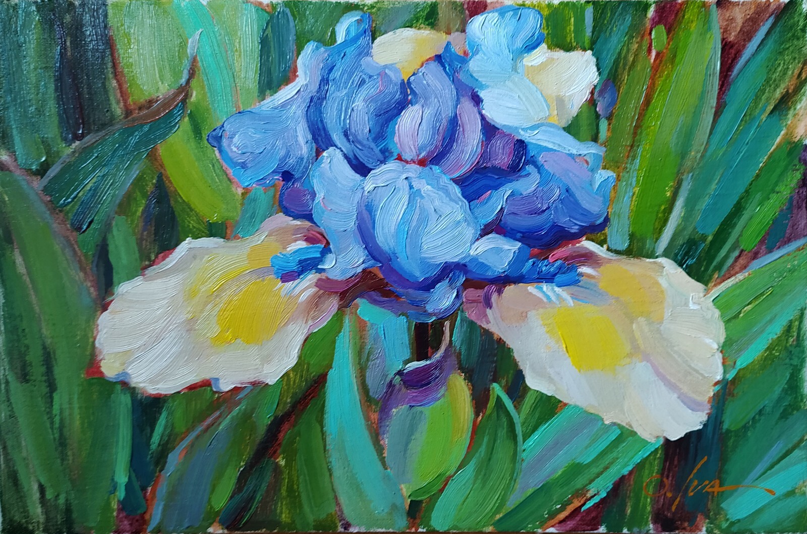 Original Modern Oil Painting Canvas Cardboard Yellow-blue iris with green 8х12″