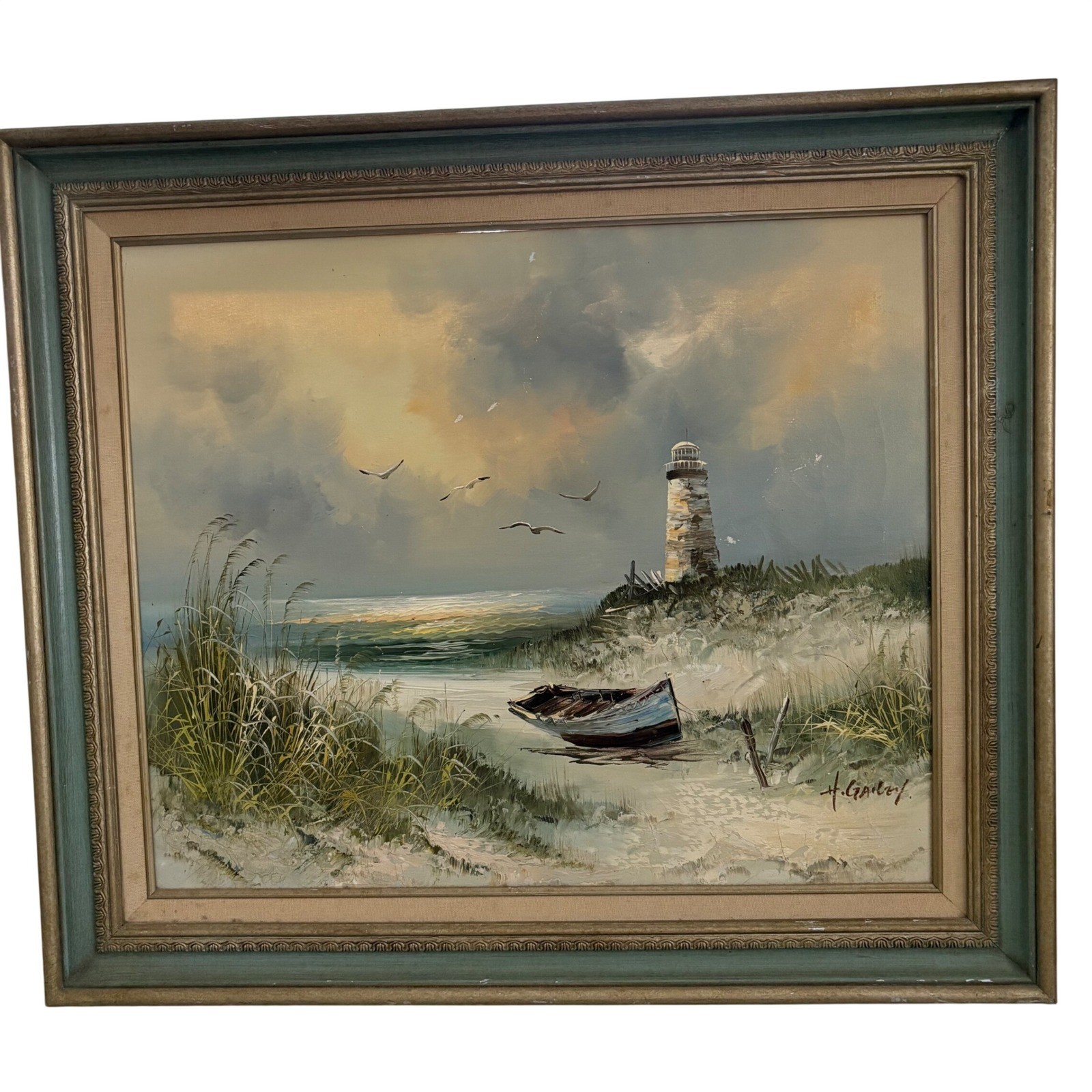 H Gailey Signed Original Oil Painting Lighthouse Beach Boat Peace Framed 29×25