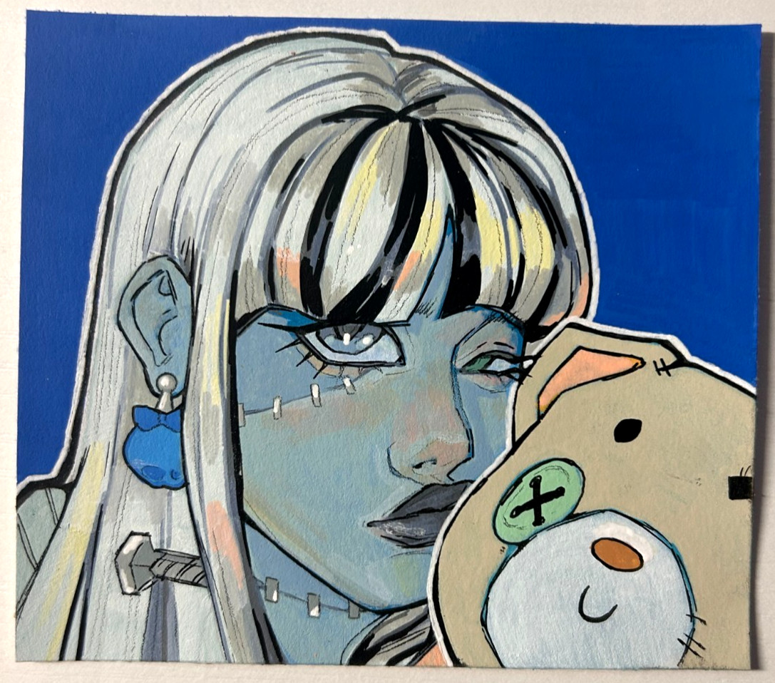 Trading Card Frankie Sleepover Acrylic Paint on Mixed Media Paper, 4 x 3.5 in