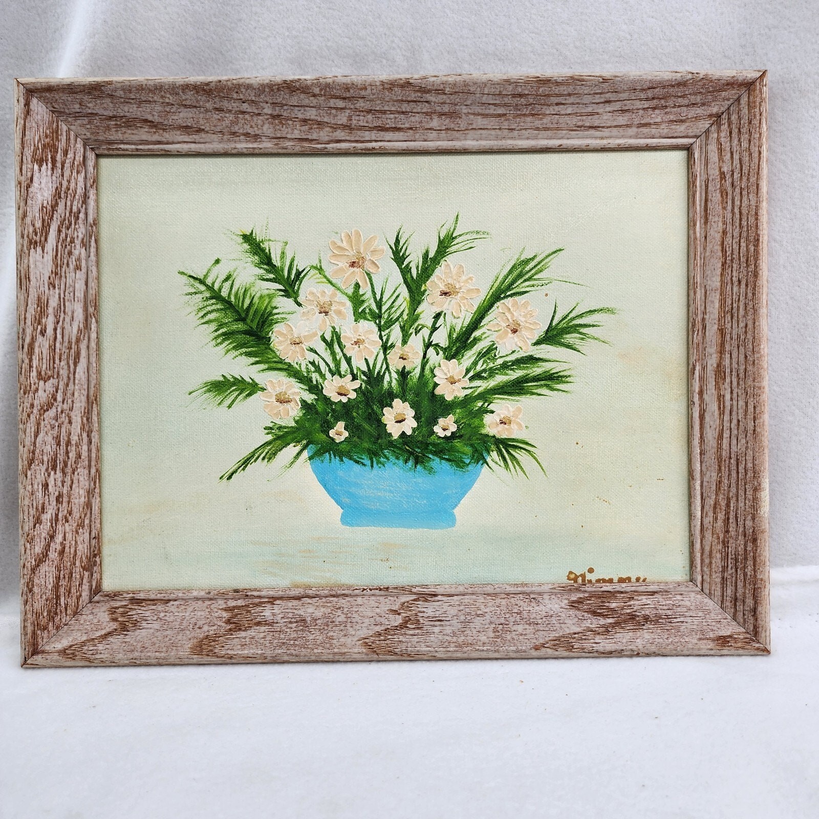 Original Oil Acrylic Painting Green Floral Flowers White Daisy Shabby 14×11 Fram
