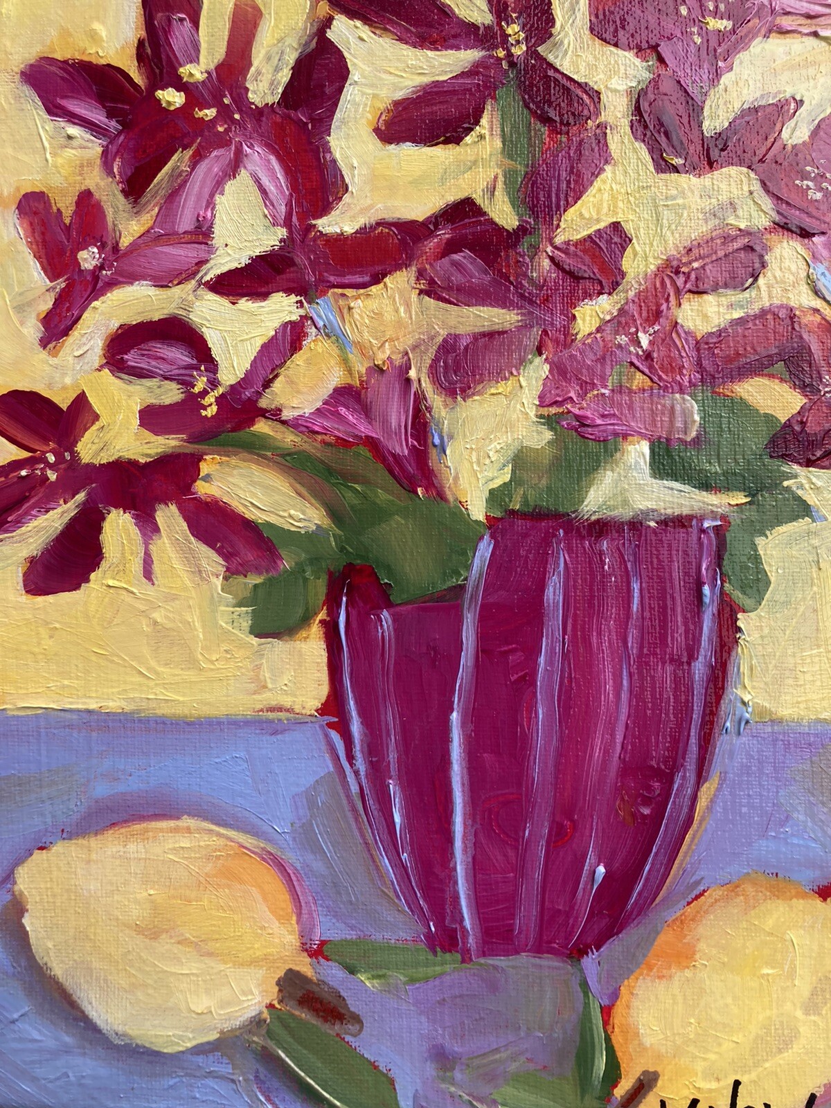 “Pink Flowers And LemonsOn Periwinkle “ AnOriginal Oil Painting 12”x9” On Canvas