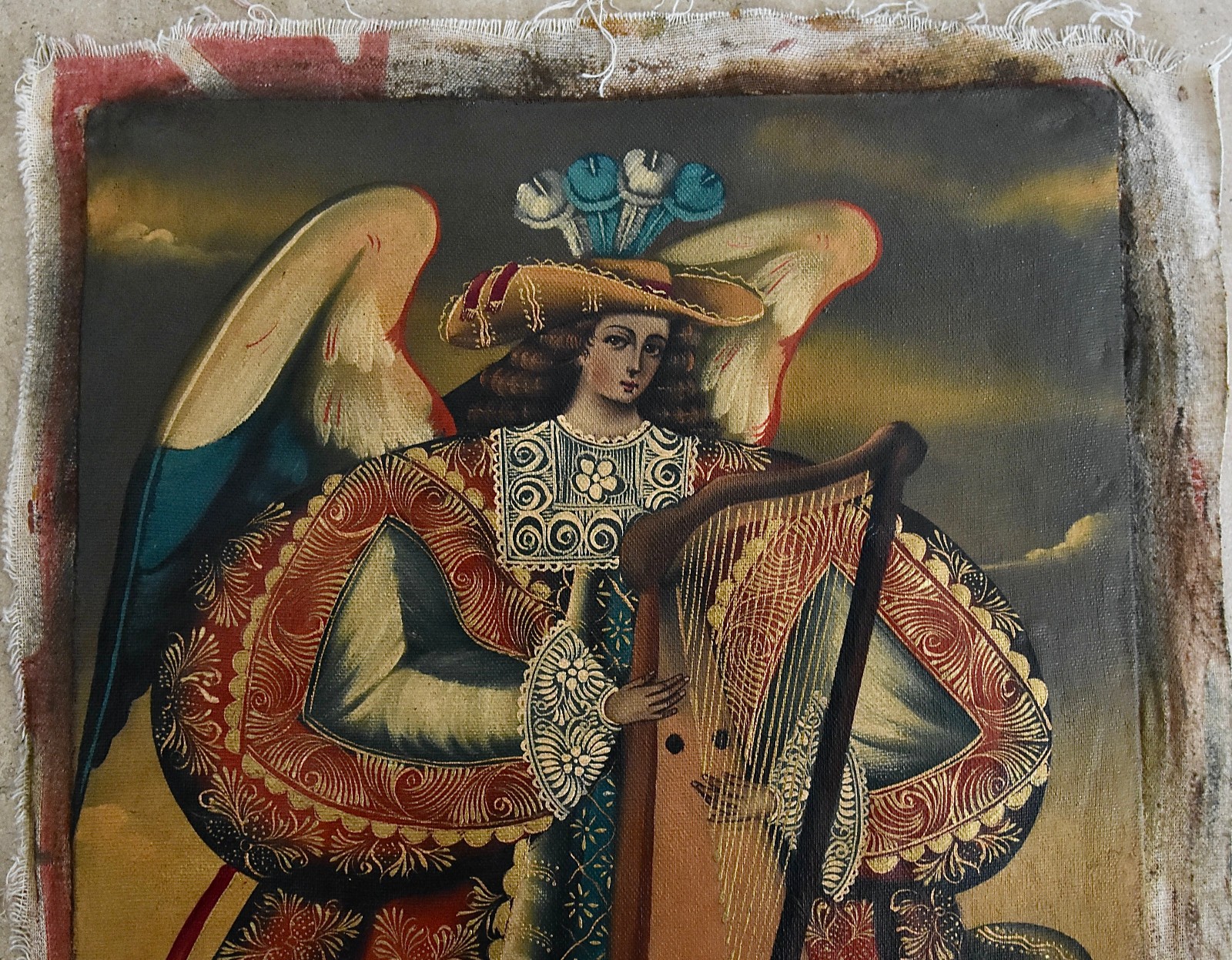 Vtg LOVELY ~ Archangel Angel MUSICA HARP Cusco School Peru Original Oil Painting