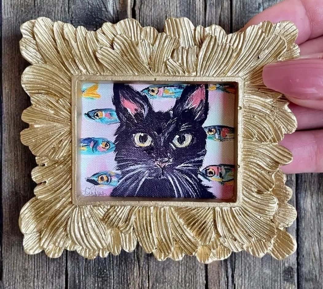 mini paintings & prints in vintage style ornate frame, mini art, birds & animals