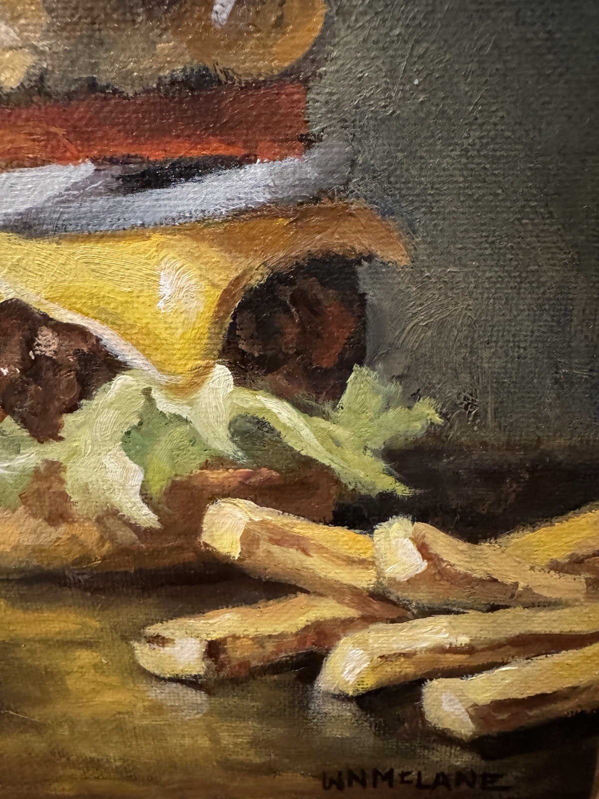 Original New Impressionist Still Life Cheeseburger Onion Fries Oil Painting