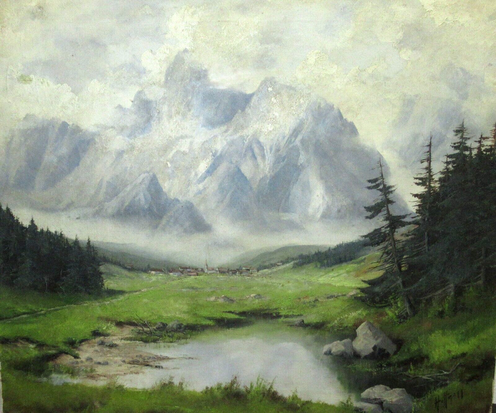 HOFFMANN SWISS ALPS SMALL TOWN ORIGINAL OIL ON CANVAS LANDSCAPE PAINTING