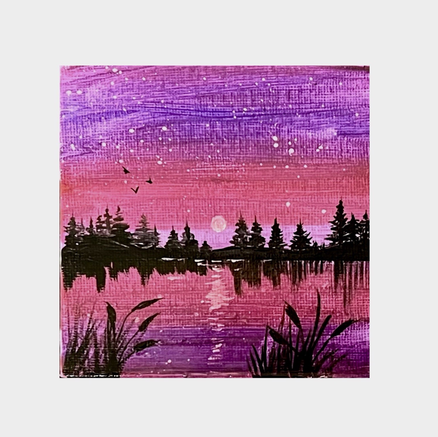 Mini 4×4” Purple Moonlight Landscape Acrylic Canvas Panel w/Display Easel