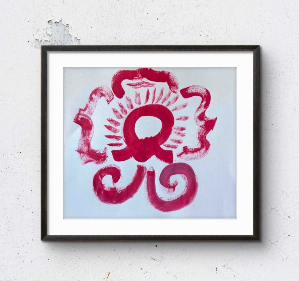 Original Acrylic Painting Aztec Red Flower Abstract 11×14 Loose Paper Signed