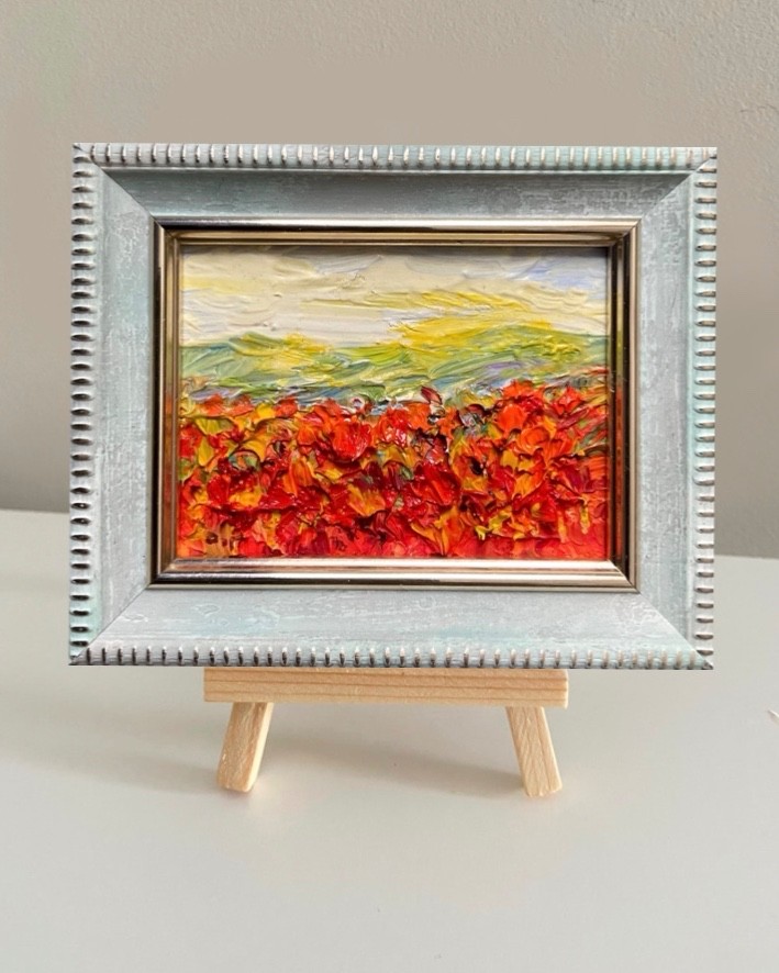 Original Oil Painting Poppy Field Landscape Impasto Mini Art 2.5×3 in Signed OS