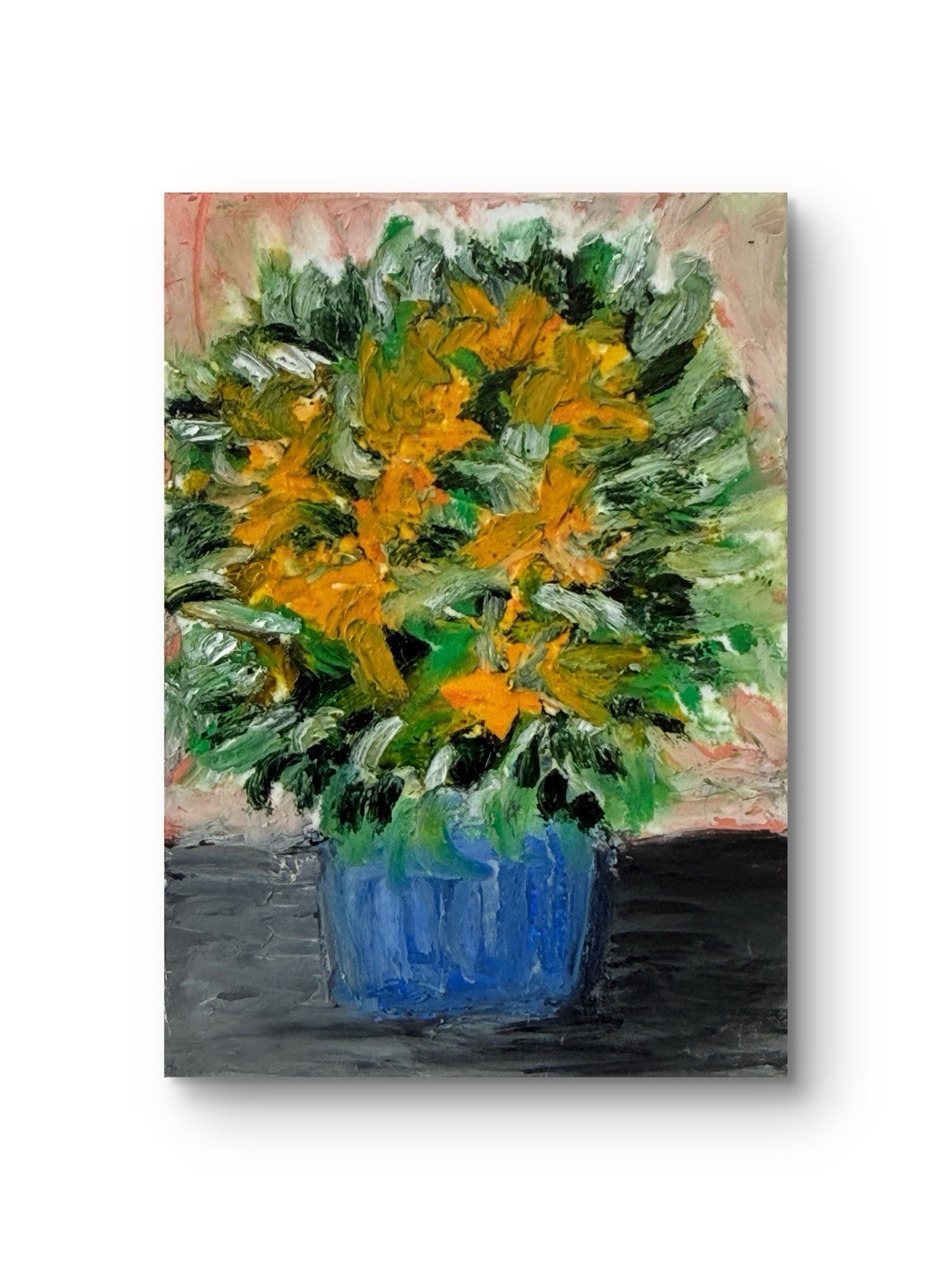 Miniature Collectible Art Painting Oil Pastel Approx 3.5”x2.5” Floral Vase