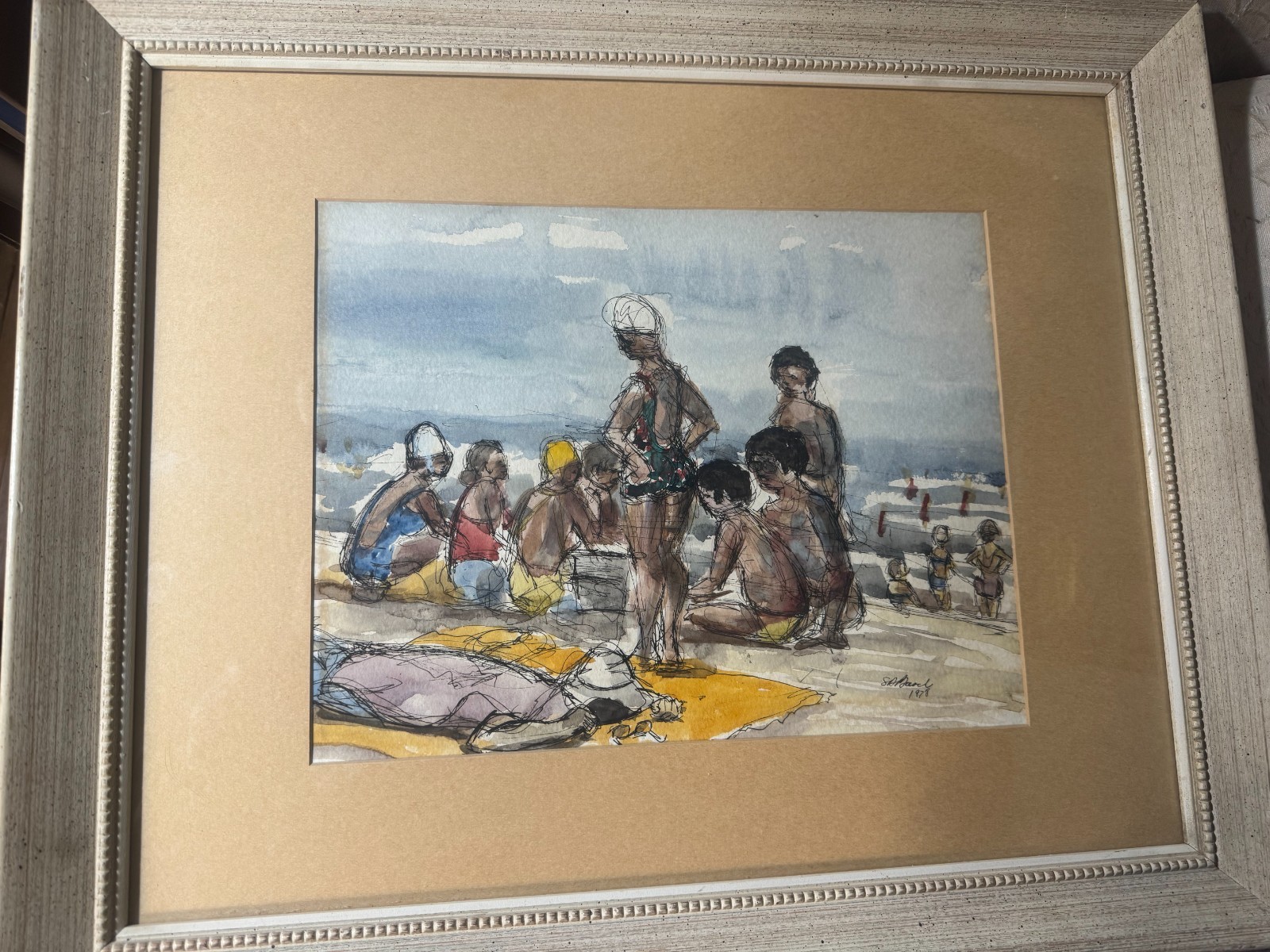 1978 «Figures On Beach Scene» Pen/Ink/Watercolor Painting – Signed And Framed
