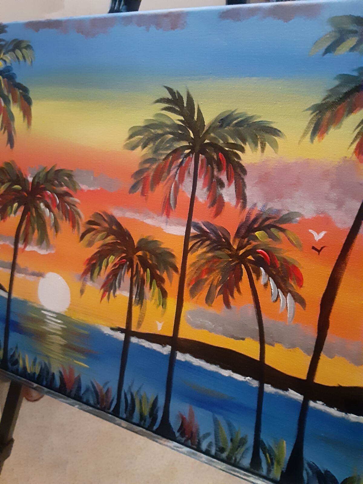 Valerie’s Dream – Palm Trees, Sunset, Ocean, Original Oil Painting, Wall Art