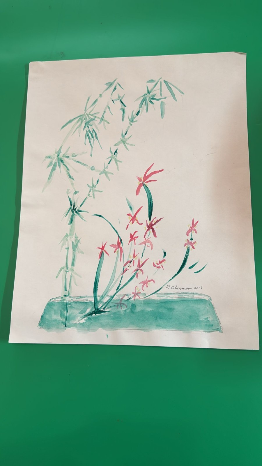 Original 2016 Chamion Bamboo & Blossom Watercolor – Asian-Inspired Botanical Art