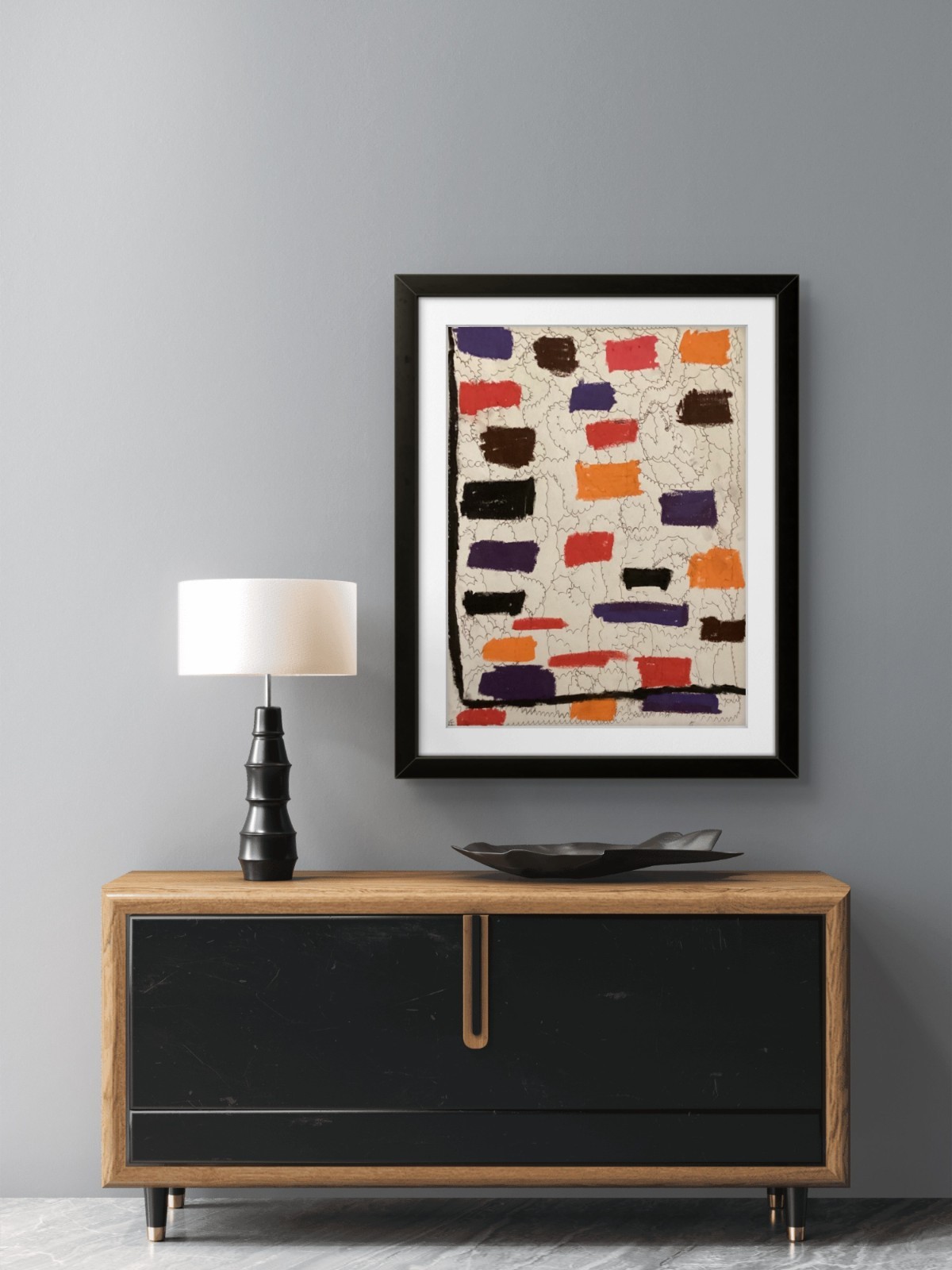 Modern Grid Square Neutral White Purple Abstract Art Original 11 by 14 on Paper