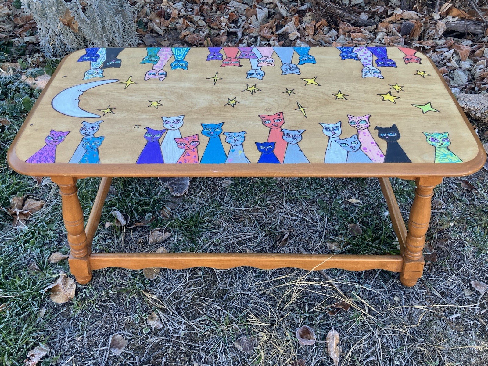 Hand Painted CAT Coffee Table * CATS * Signed Aubri Dunklee * Moon and STAR