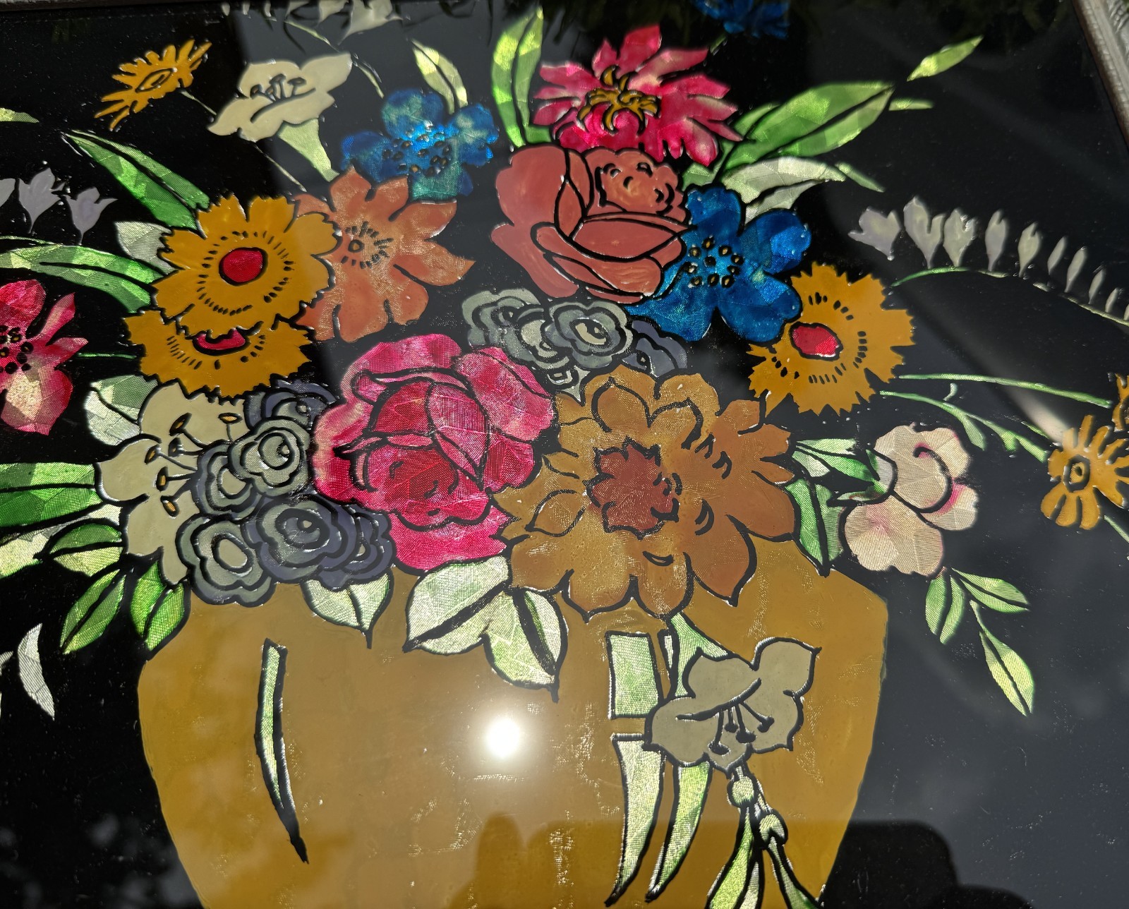 VINTAGE 1958 TINSEL REVERSE GLASS FRAMED PAINTING FLORAL BOUQUET FOLK ART NICE