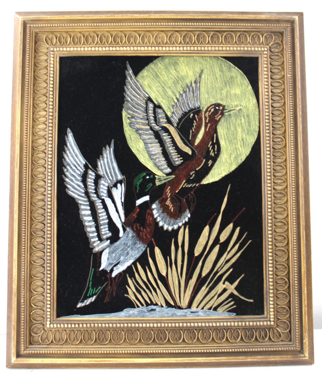 Vtg 1969 Wall Art Paint On Black Velvet Mallard Ducks Flying Over Marsh 16 x 19