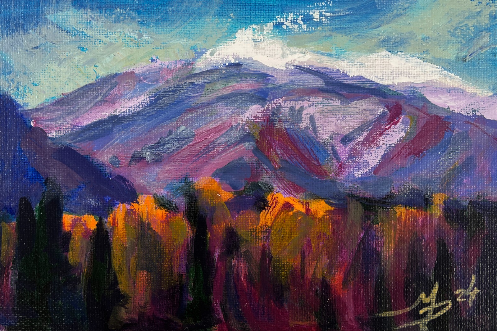 Acrylic Painting First Snow In The Mountains M. Patskan Original nAAA4929