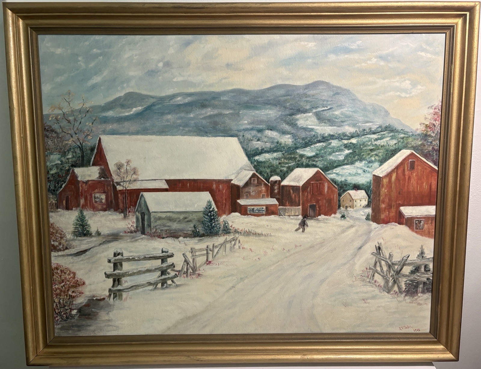 Vintage 1946 RV DeVine Original Oil Painting Framed Red Barn Winter Landscape