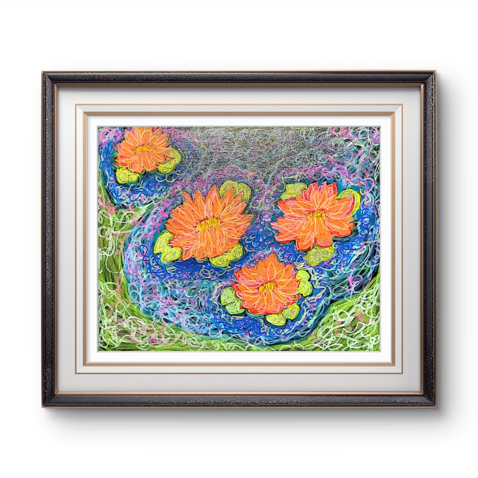 Colorful Water Lily Pond Painting Original Acrylic Floral Impressionist.