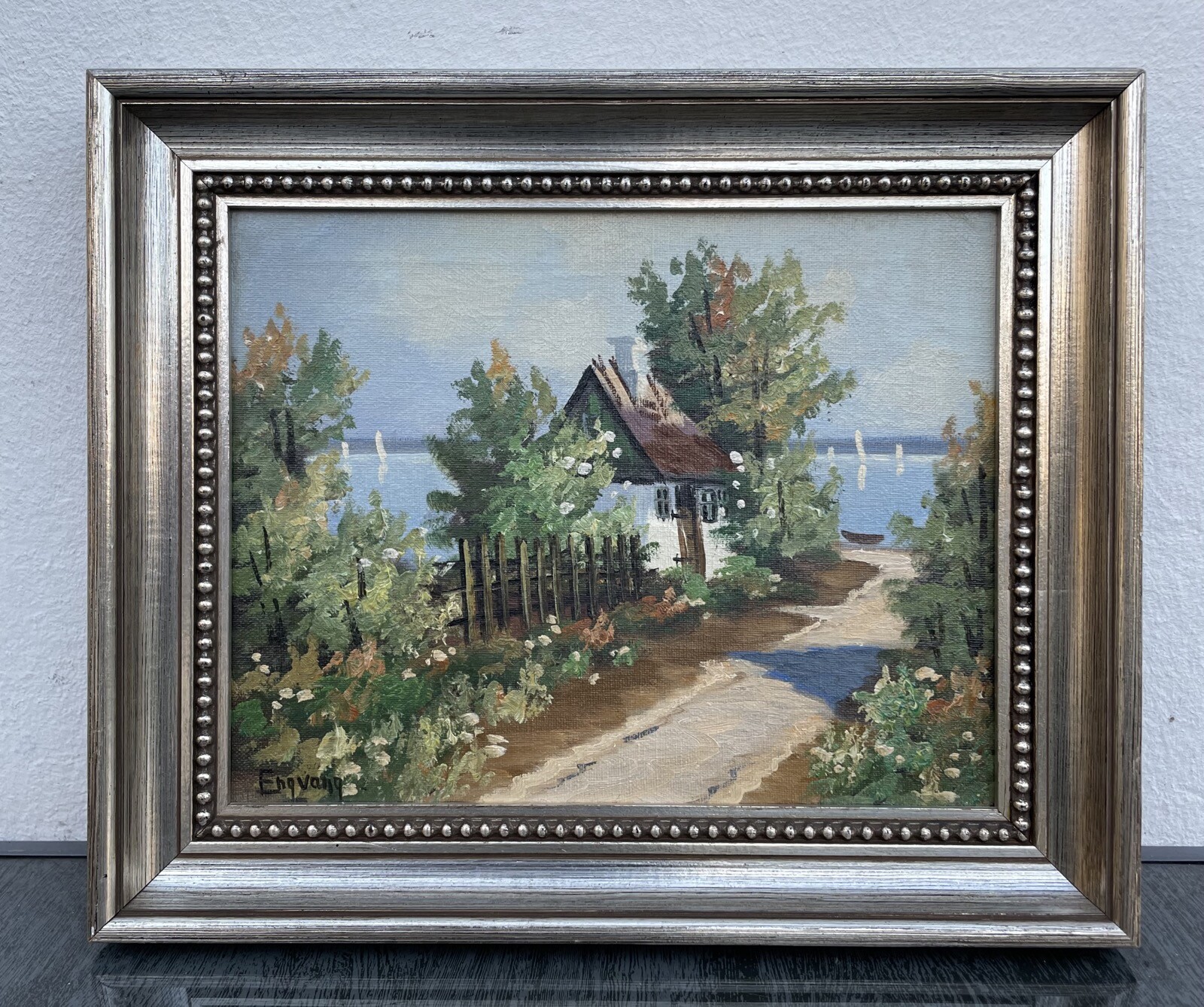 Impressionist Summer Landscape Cottage With Garden By The Sea Coast Sailboats