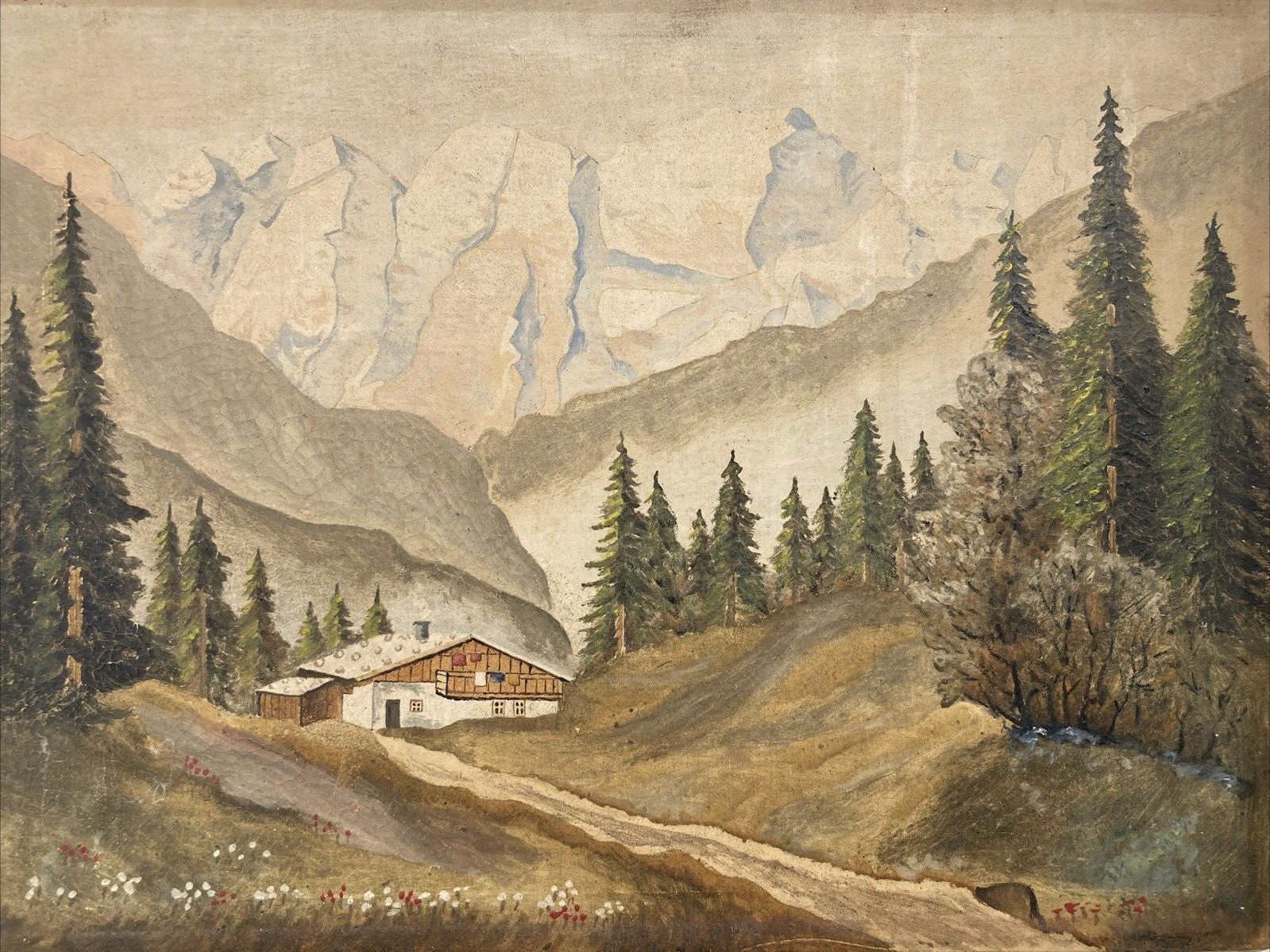 Antique Vintage Original Oil Painting -Landscape Mountain Cabin Trees -Signed