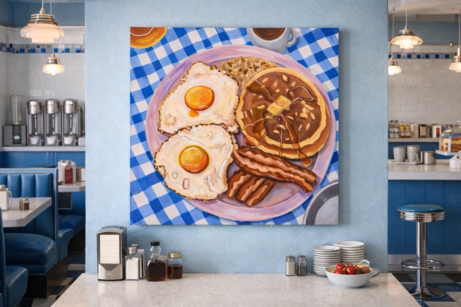 Diner Breakfast Food Art Eggs Bacon Pancakes Kitchen Decor 24×24