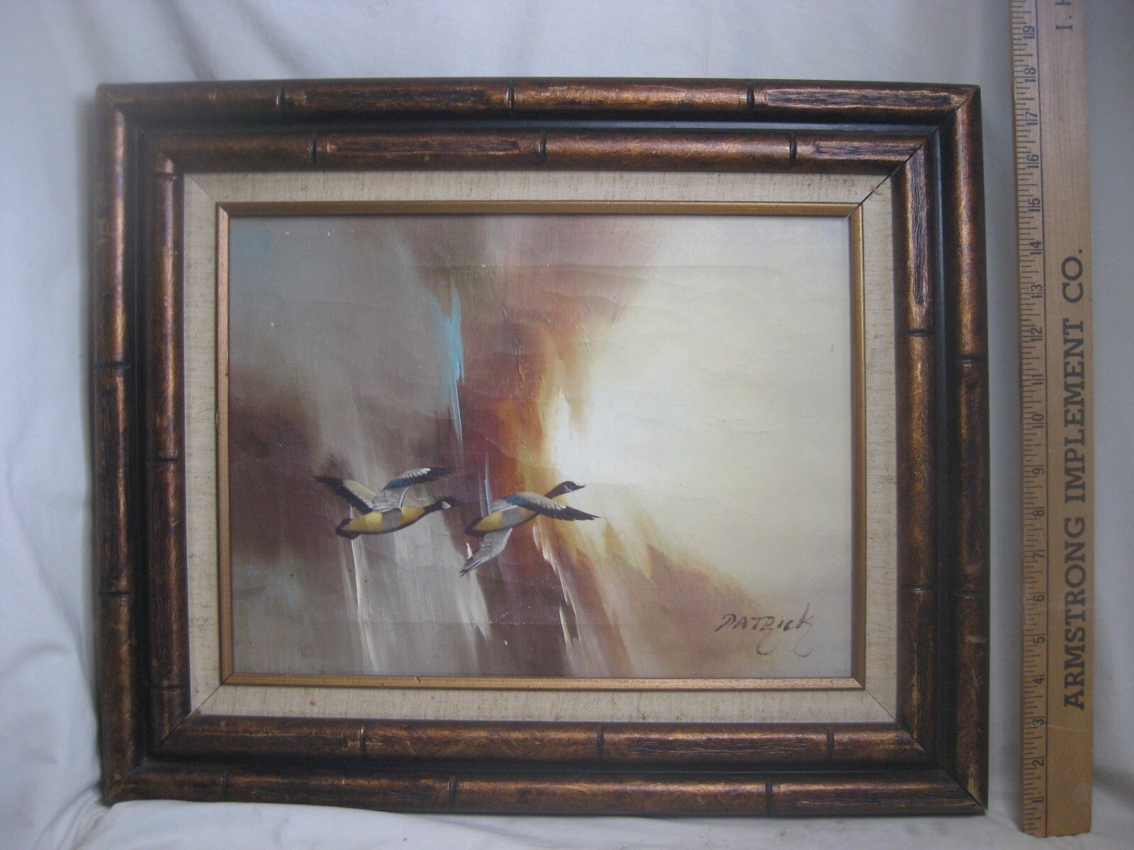 original signed Patrick framed painting geese duck flying nature scene wall art