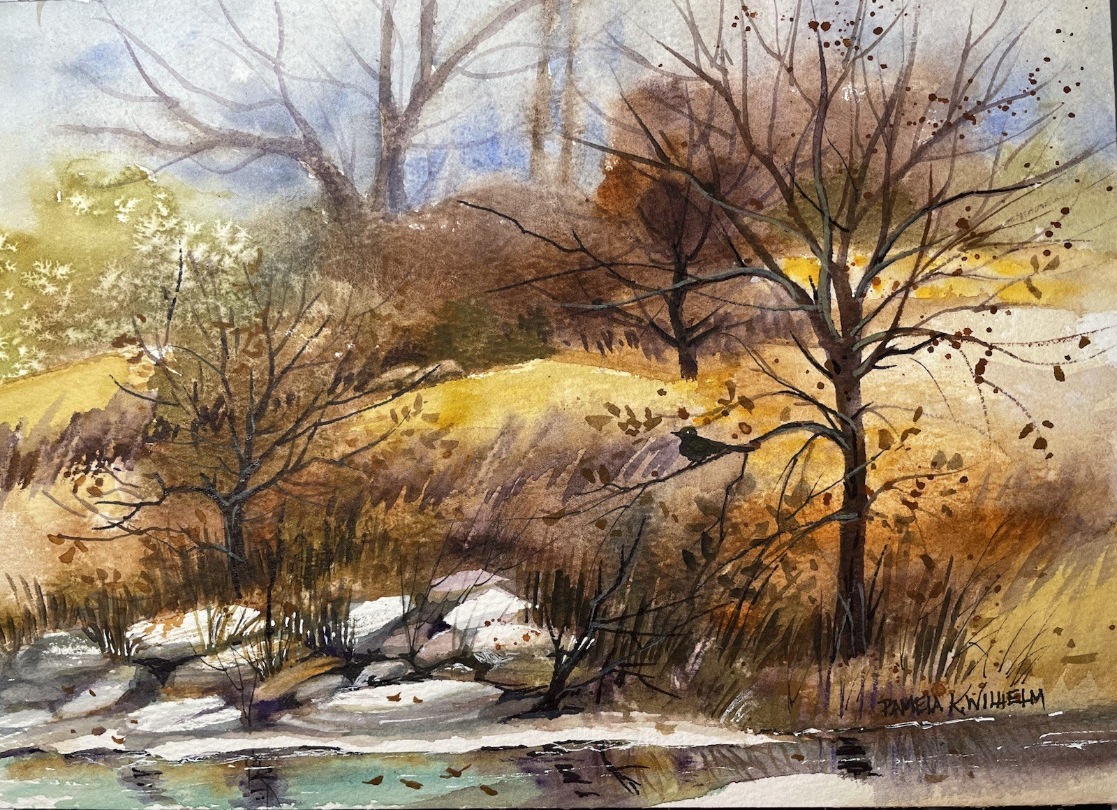 Pamela Wilhelm Watercolor 7.5×10.5 Original Landscape Autumn Creek Trees Bird