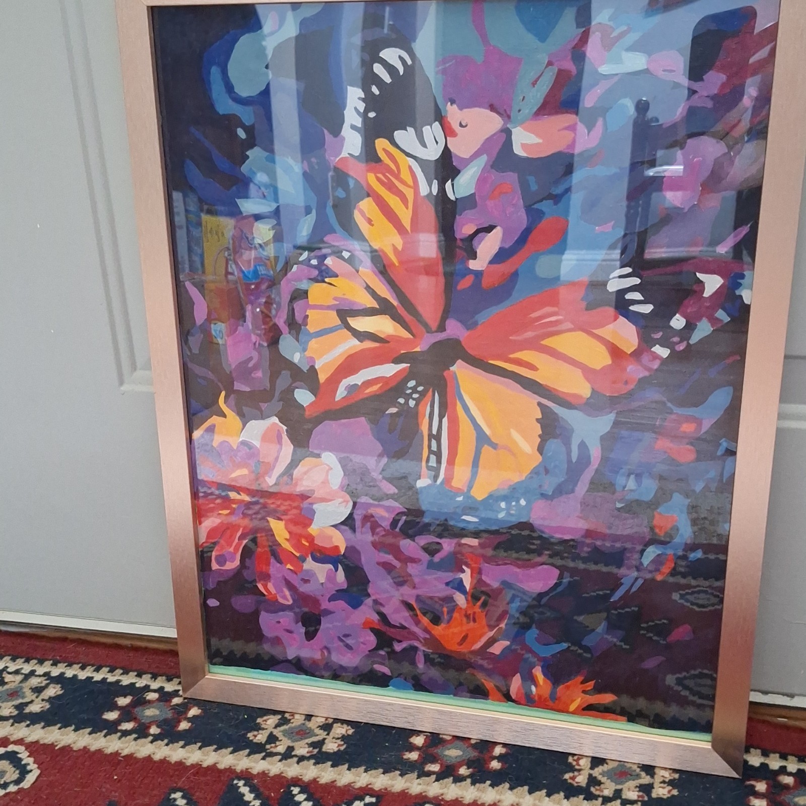 Abstract Framed Butterfly & Flowers Painting – Large Nature Floral Wall Art