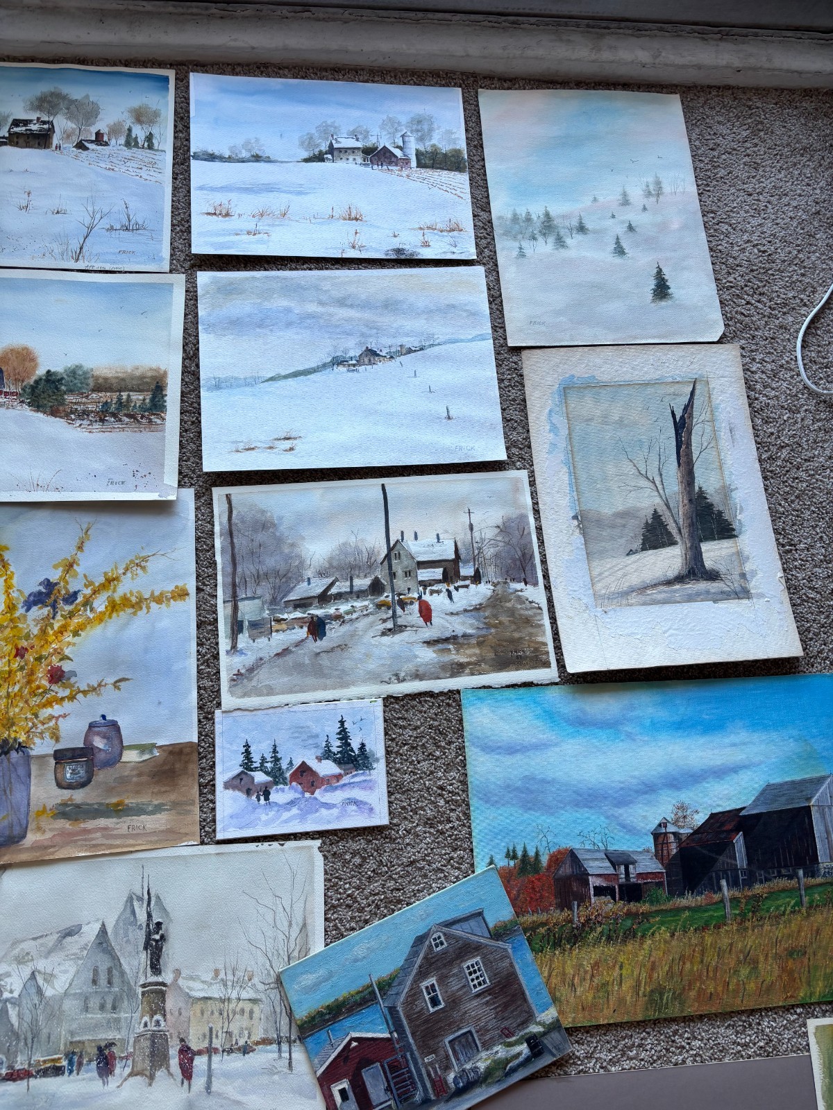 Large Lot Original Signed Paintings “Frick” 1978–1991 Oil & Watercolor on Paper
