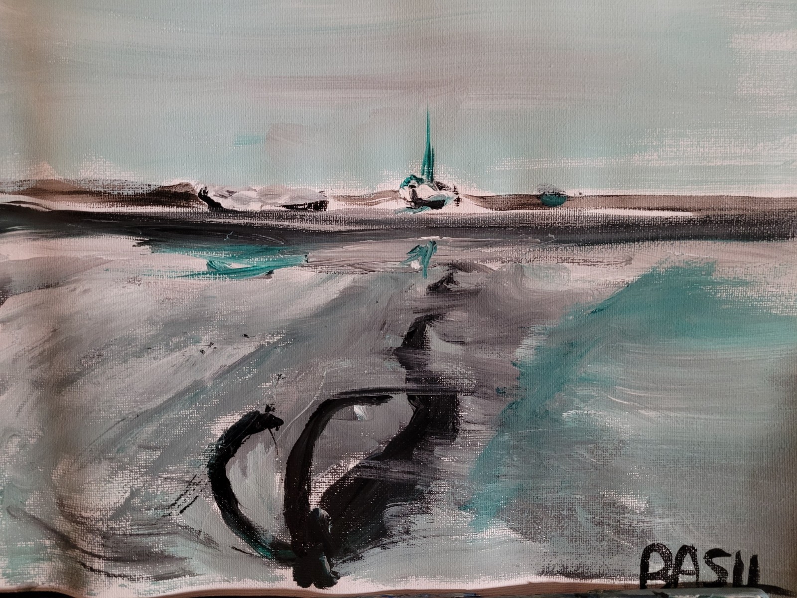 “Icy Harbor with Anchor – Original 9×12 Acrylic Seascape by Bakhshi”