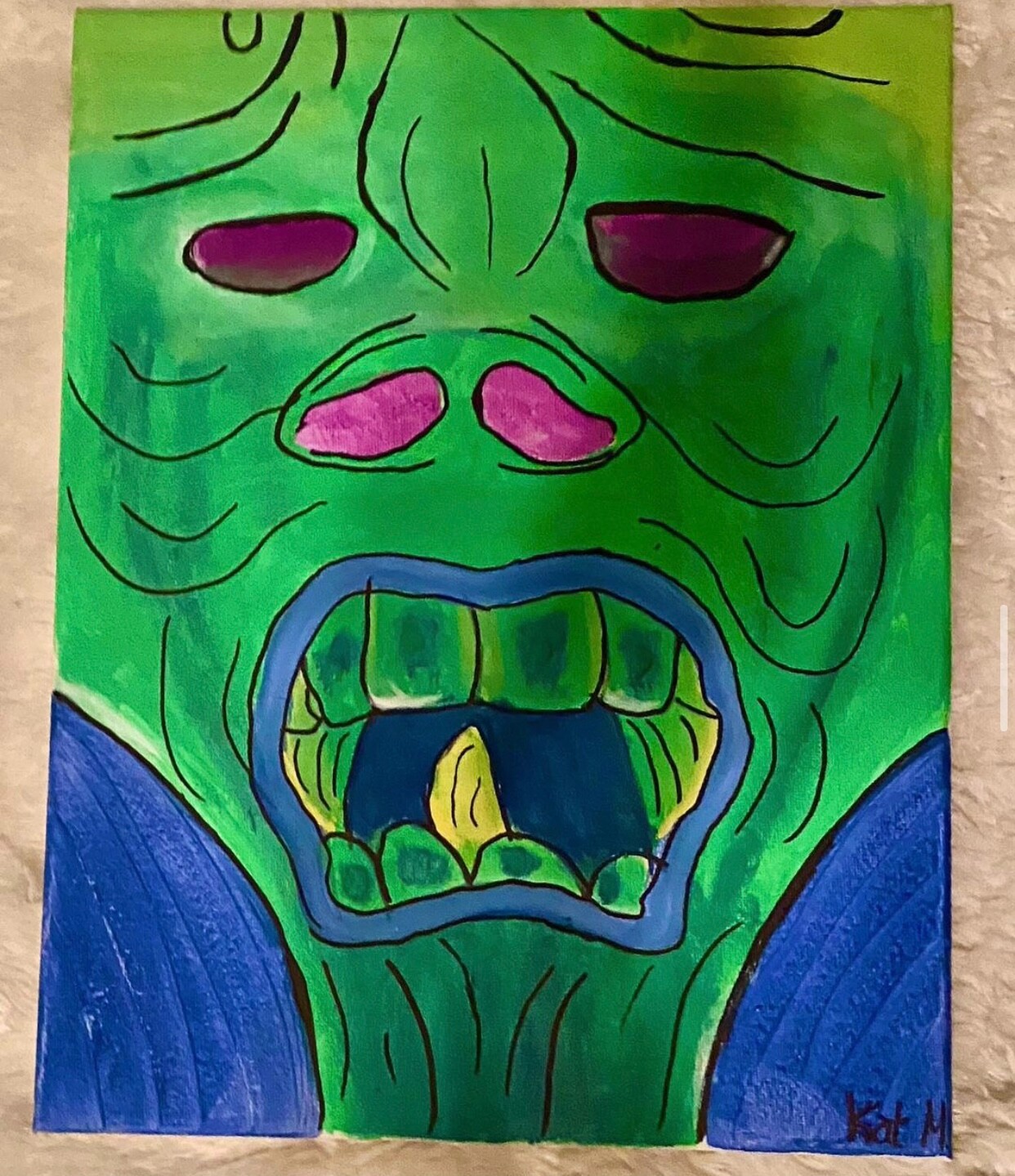 monster painting, blue, green, yellow and black. 