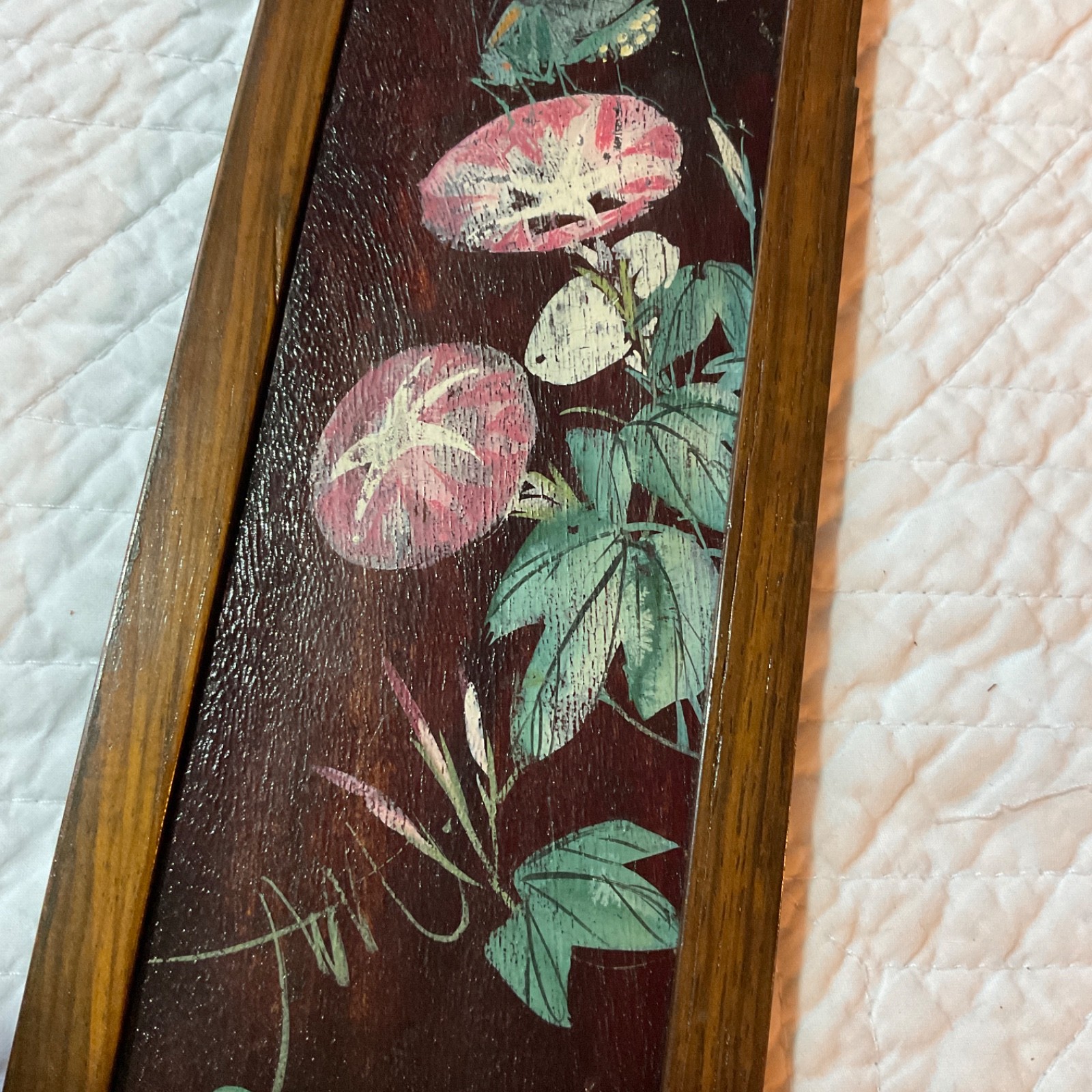 Small two sided Asian painting, original handpainted, flowers, floral birds