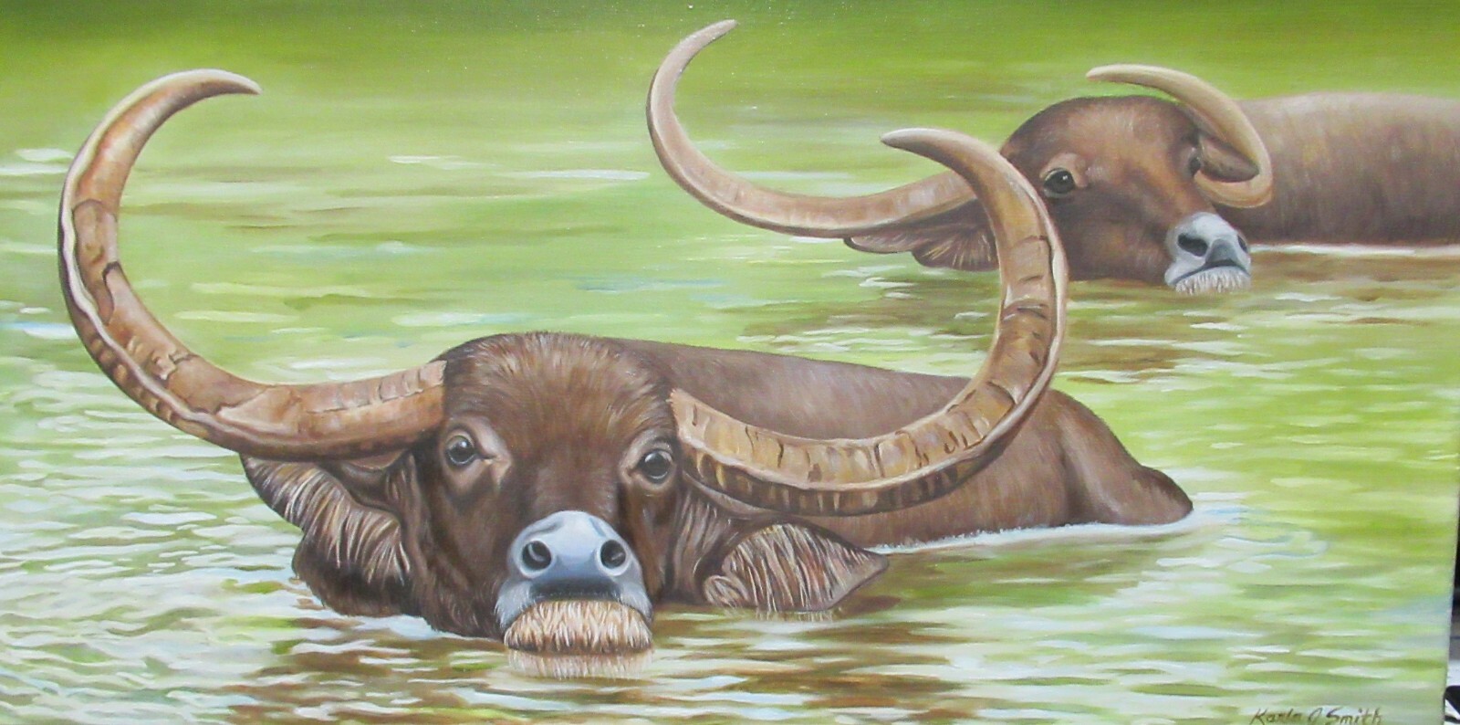 KARLA J SMITH «WATER BUFFALO» ORIGINAL OIL ON CANVAS LANDSCAPE PAINTING