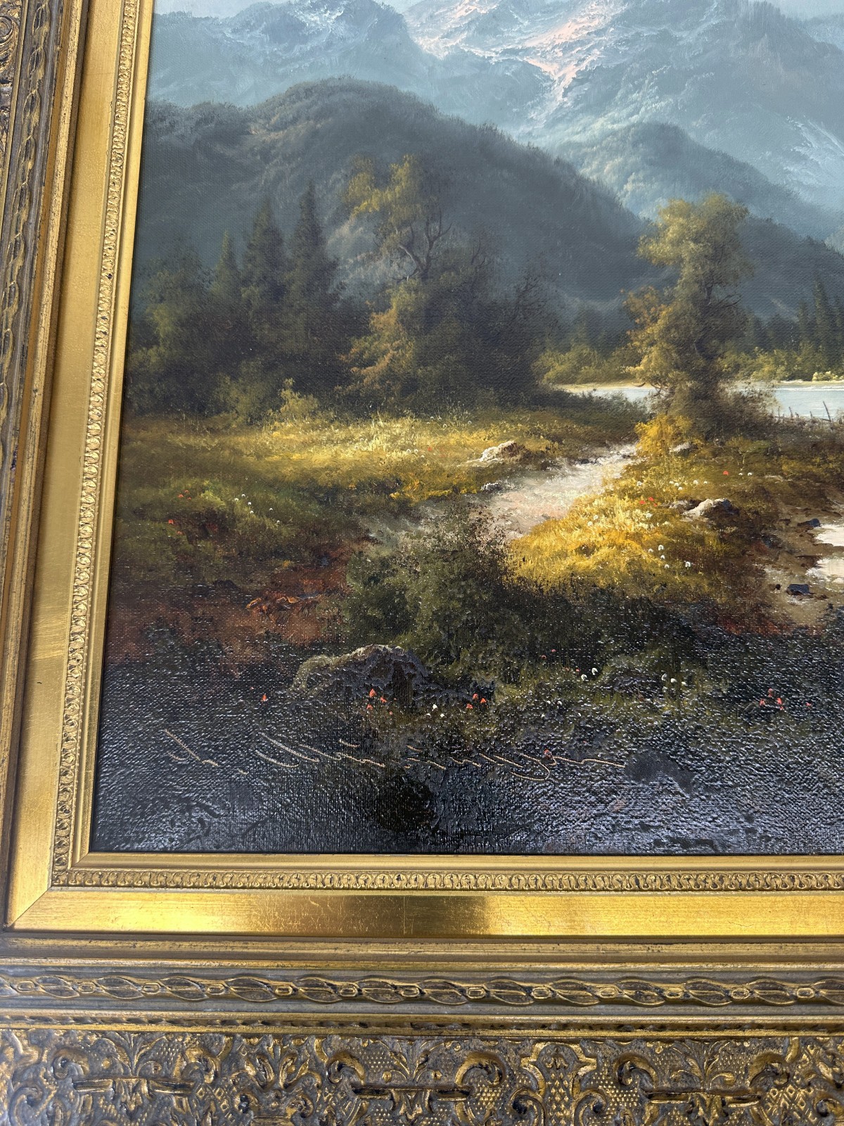 Ludwig Muninger Alpine Landscape Scene Oil Painting Framed 33″ x 41″