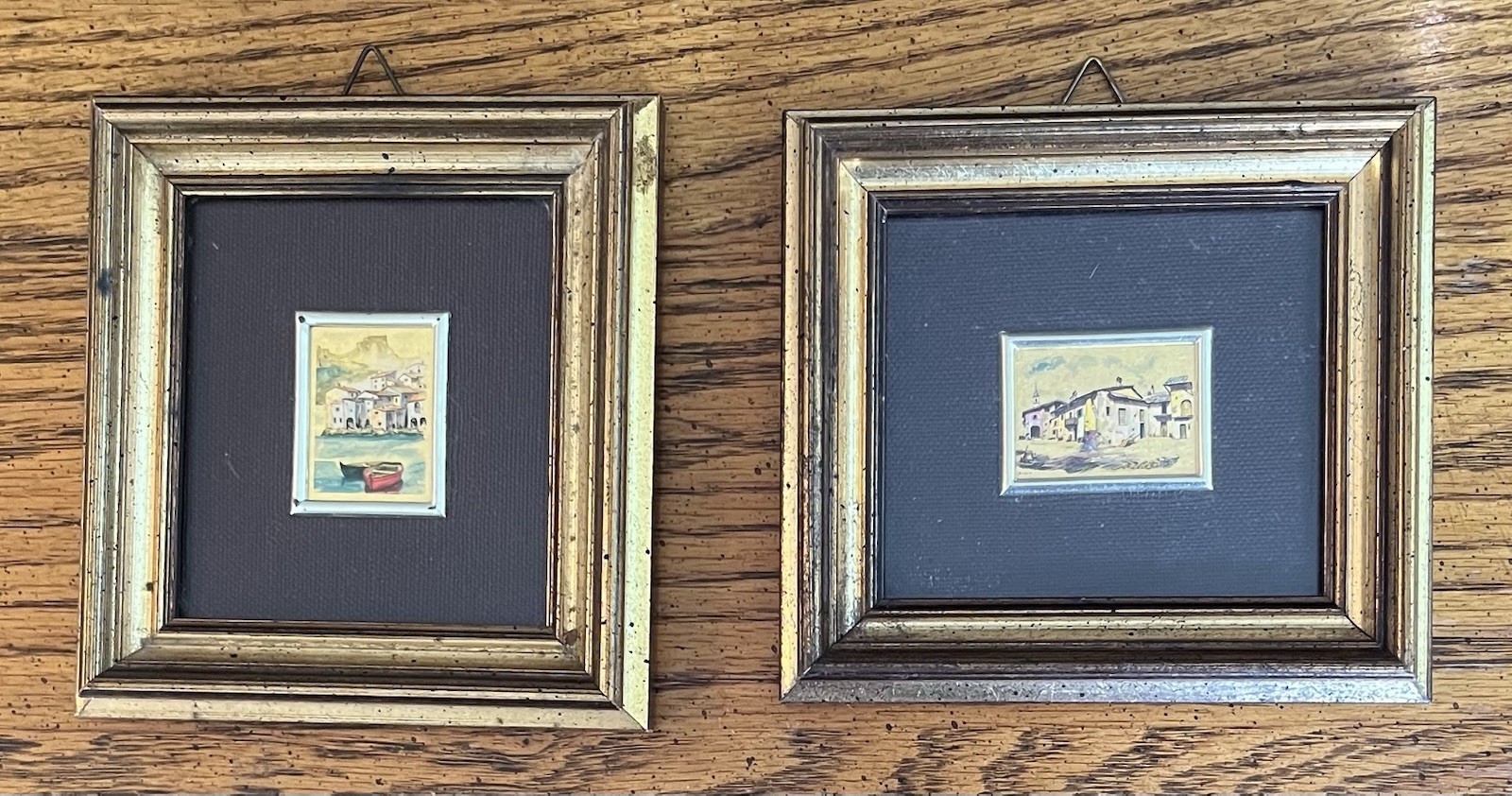 2 MCM ItalyMiniature 23kt Oro Folgio Gold Leaf Framed Prints Boat Cityscape Art