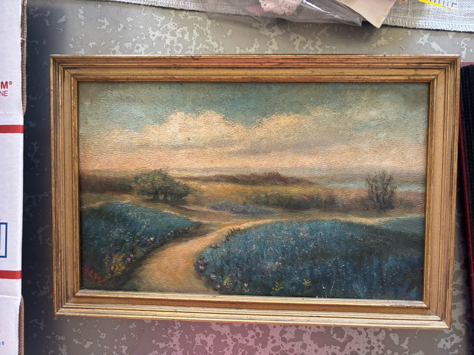 Impressionist Framed Landscape Path Field Trees Sky Painting on board
