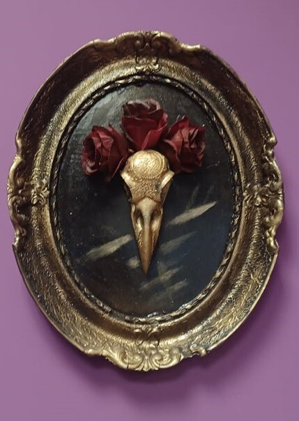 Crow skull with roses in a vintage Gothic frame 42cm x 34 cm